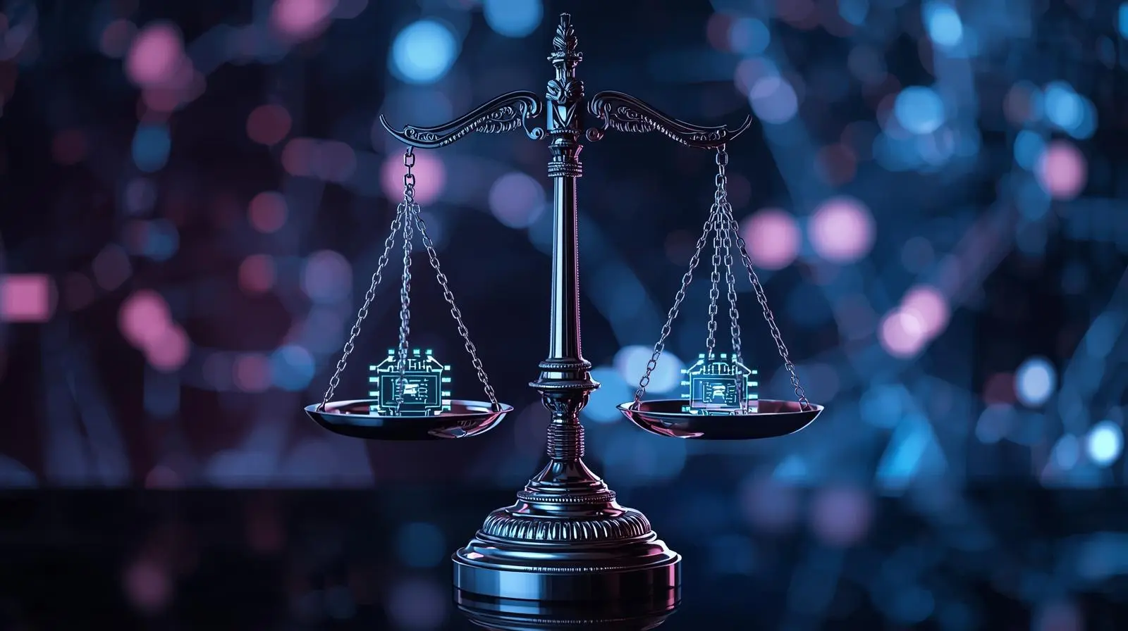 AI ethics concept, scales of justice with glowing AI circuits, futuristic technology background
