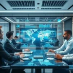 Business people around a table viewing holographic business data dashboards and a world map, illustrating AI in business and enterprise