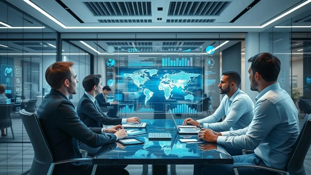 Executives using AI dashboards for business decision-making in a futuristic office