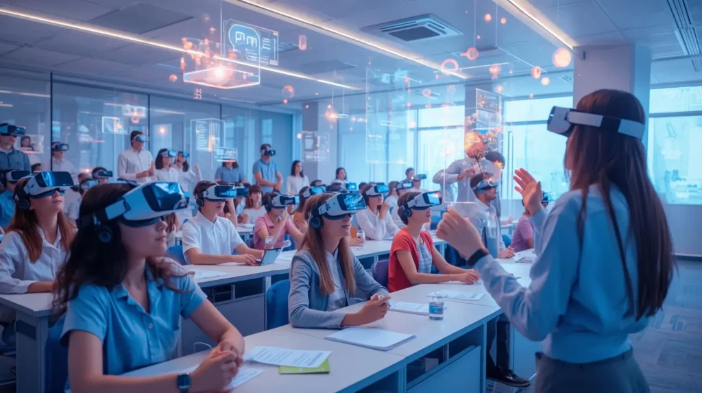 Students in a classroom wearing VR headsets with holographic overlays, illustrating AI in education