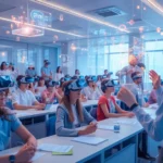 Students in a classroom wearing VR headsets with holographic overlays, illustrating AI in education