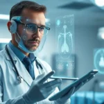 Doctor in a modern clinic viewing holographic medical scans and AI-assisted health data displays