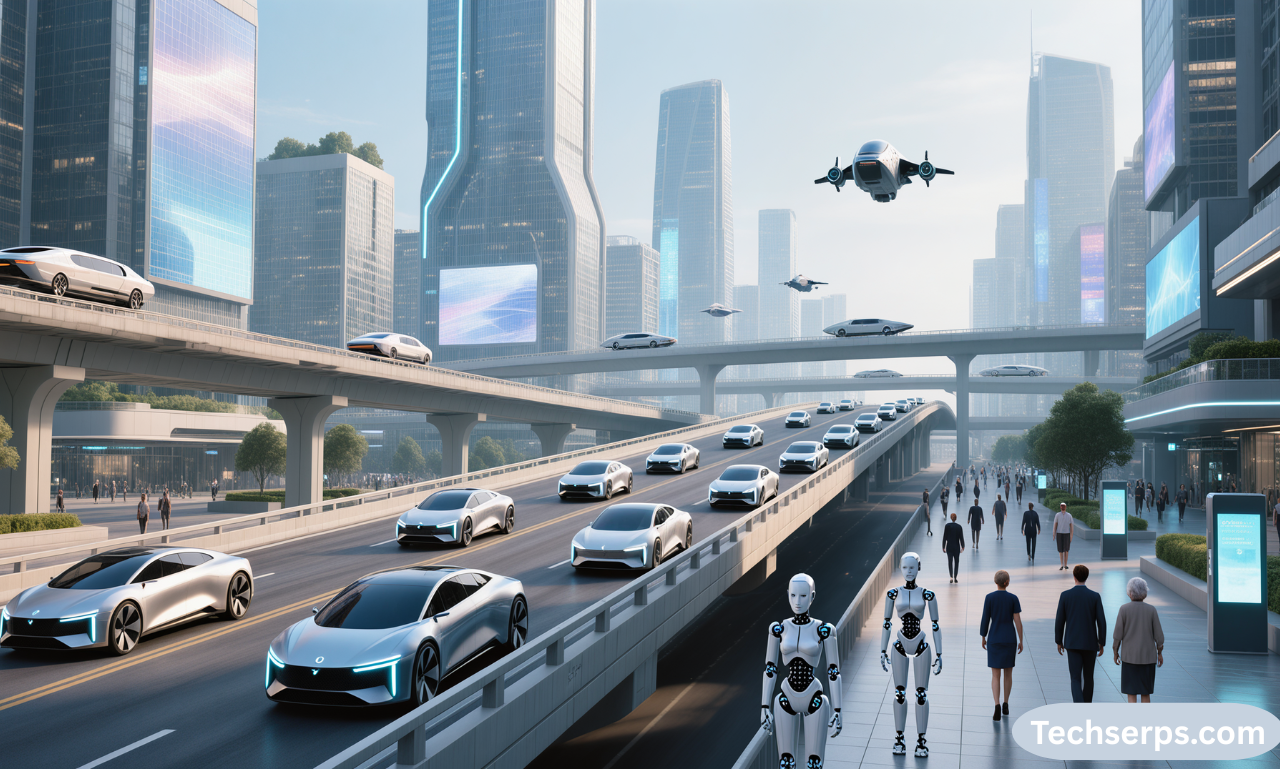 Futuristic city with flying vehicles and smart infrastructure, imagining a future shaped by artificial intelligence