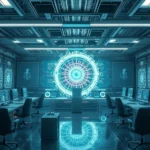 Dark futuristic control room with a large glowing circular holographic display and rows of computer workstations