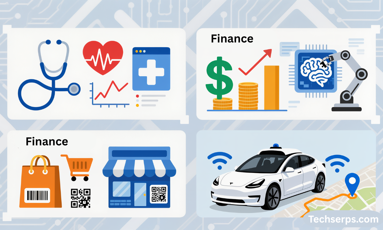 “Collage illustration of AI applications in healthcare, finance, retail, and autonomous vehicles.”