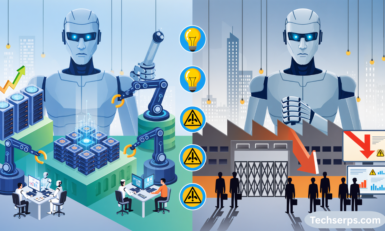“Split design showing AI-driven efficiency and innovation on one side, and challenges like job loss and ethical risks on the other.”