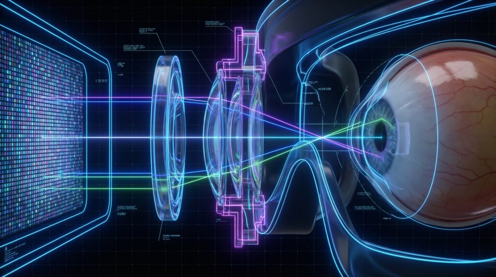 Diagram showing how VR lenses warp light from a screen to create a stereoscopic 3D effect for the human eye.