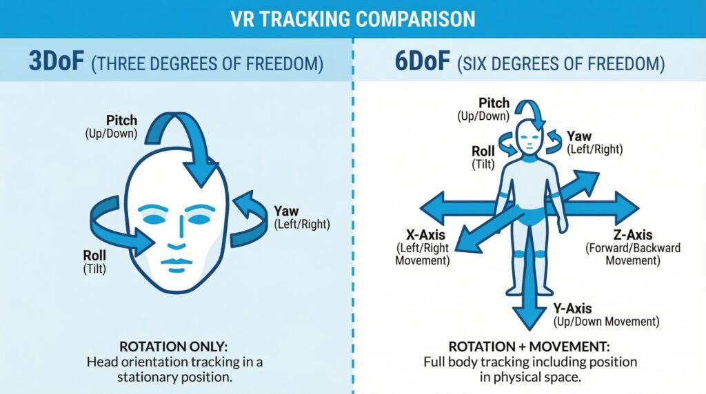 Infographic illustrating the difference between 3DoF rotational tracking and 6DoF positional tracking in virtual reality.