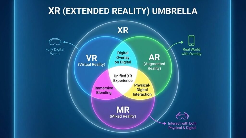 Venn diagram illustrating differences between Virtual Reality, Augmented Reality, and Mixed Reality