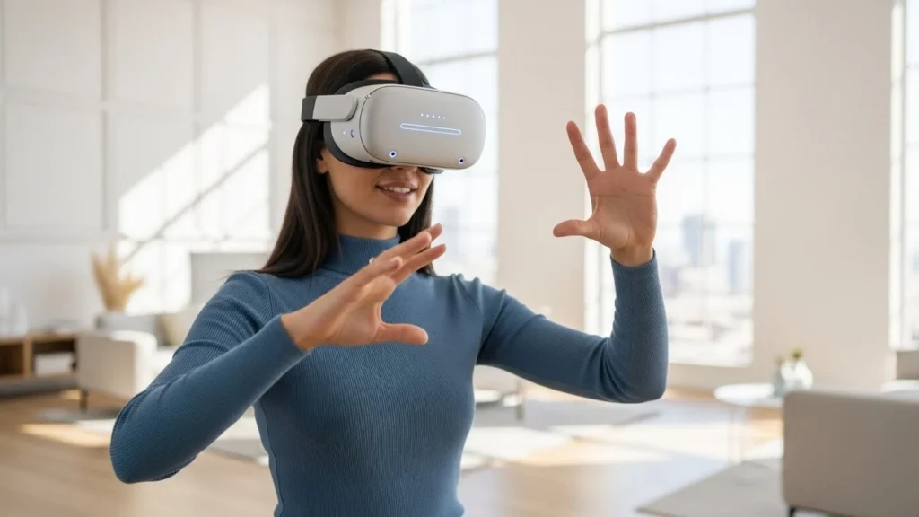 Woman wearing a modern virtual reality headset using spatial computing gestures.