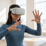 Woman wearing a modern virtual reality headset using spatial computing gestures.