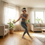 Woman using a VR headset in a bright modern living room with sofas and plants