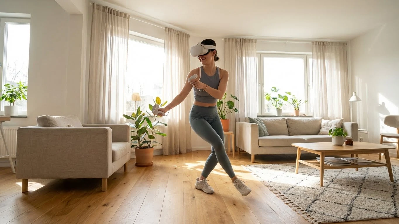 Woman using a VR headset in a bright modern living room with sofas and plants