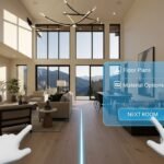 Virtual reality real-estate tour interface showing a modern living room with interactive floor-plan and material options