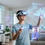 Person wearing a virtual reality headset interacting with holographic digital displays, representing professional VR applications beyond gaming