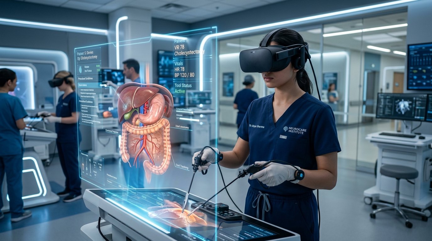 A person wearing a VR headset and holding controllers in a living room