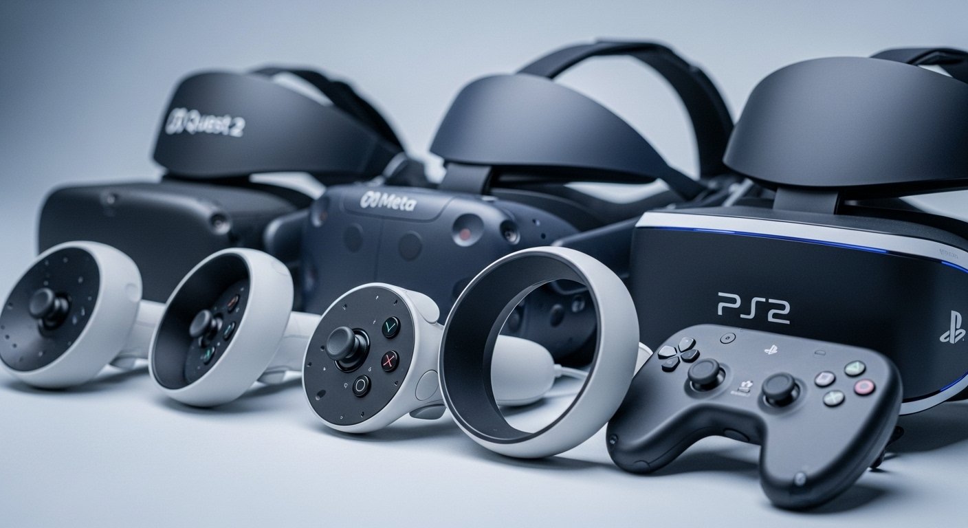 Several VR headsets and controllers arranged on a dark background
