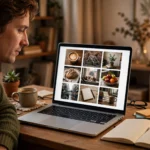 Person reviewing a laptop screen showing a grid of unlabeled everyday photos in a warm home office