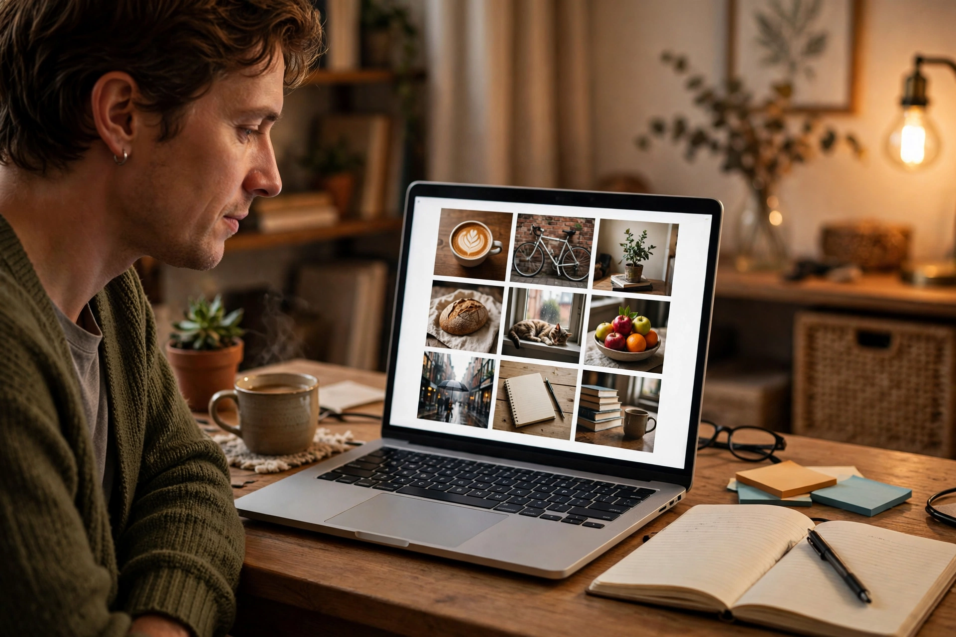 Person reviewing a laptop screen showing a grid of unlabeled everyday photos in a warm home office