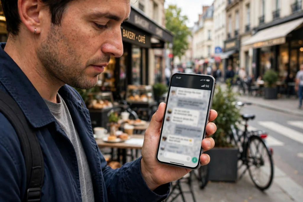 Person holding a smartphone showing a 5G signal icon outdoors in a city street