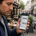 Person holding a smartphone showing a 5G signal icon outdoors in a city street