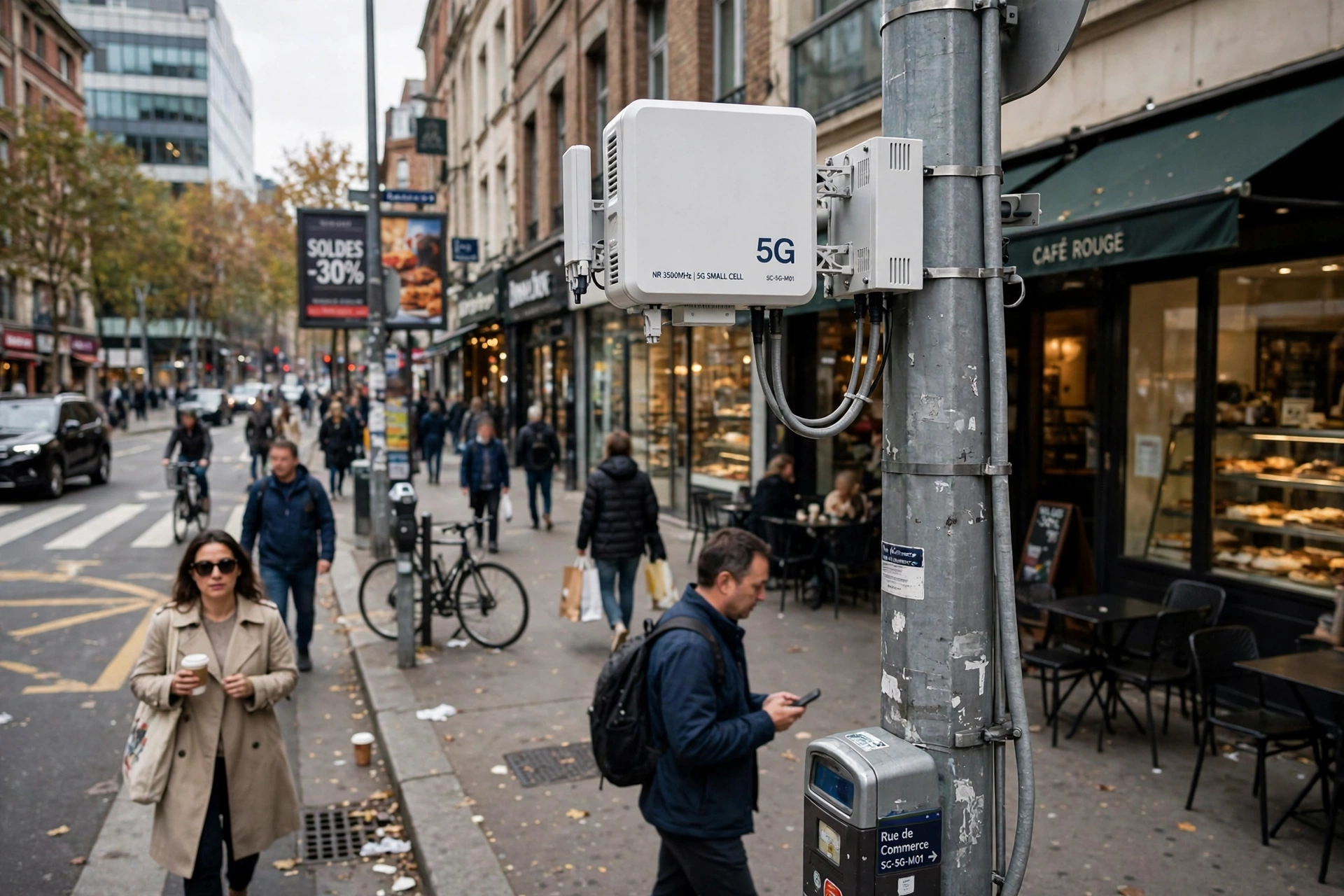 Small 5G antenna mounted on a street pole above a busy pavement