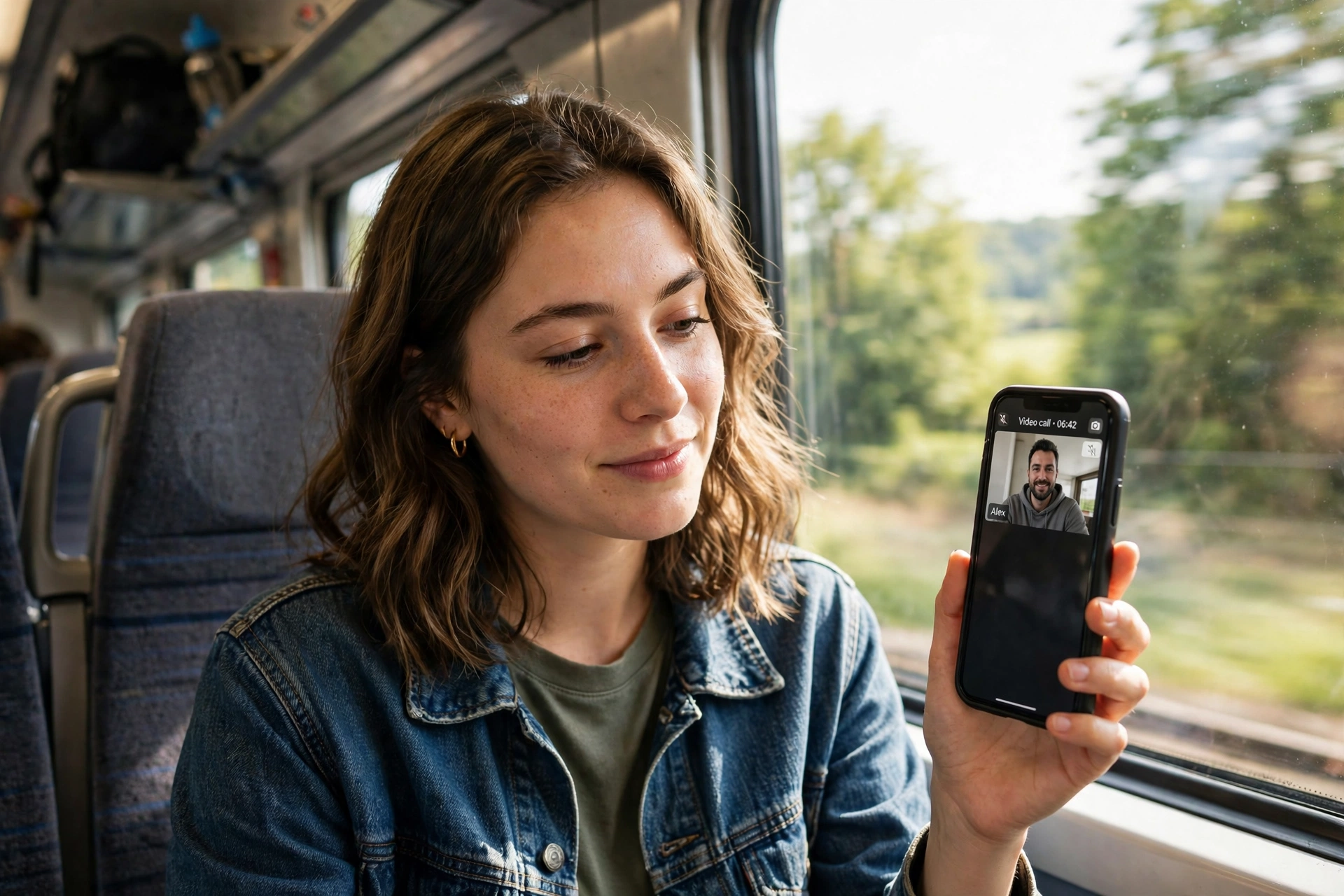 Person on a train using a smartphone for a video call over 5G