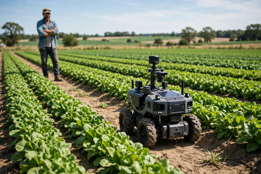 Autonomous agricultural robot driving between rows of green crops while a farmer watches in the background