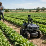 Autonomous agricultural robot driving between rows of green crops while a farmer watches in the background