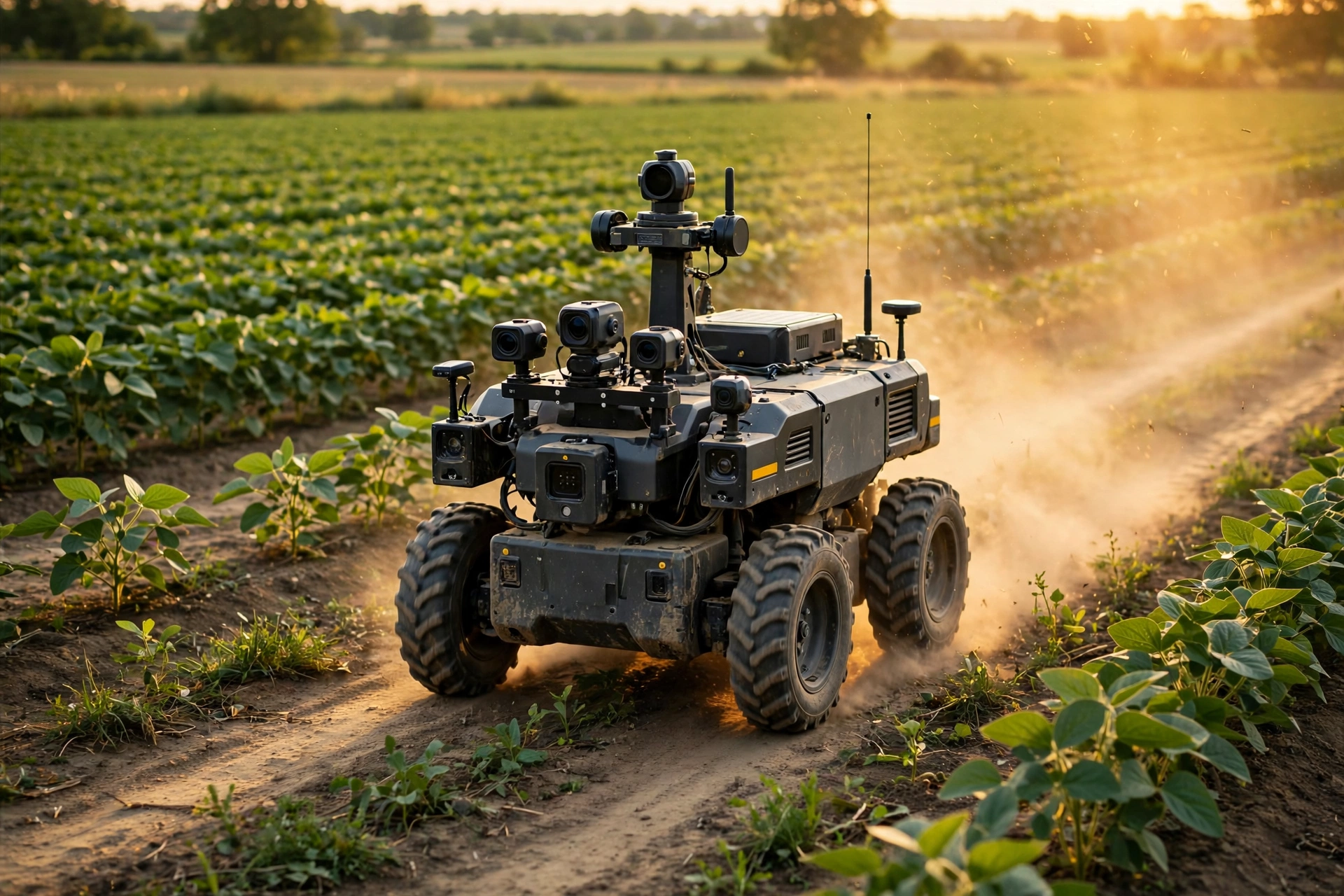 Field robot with cameras and sensors driving along a dirt track between crop rows at sunset