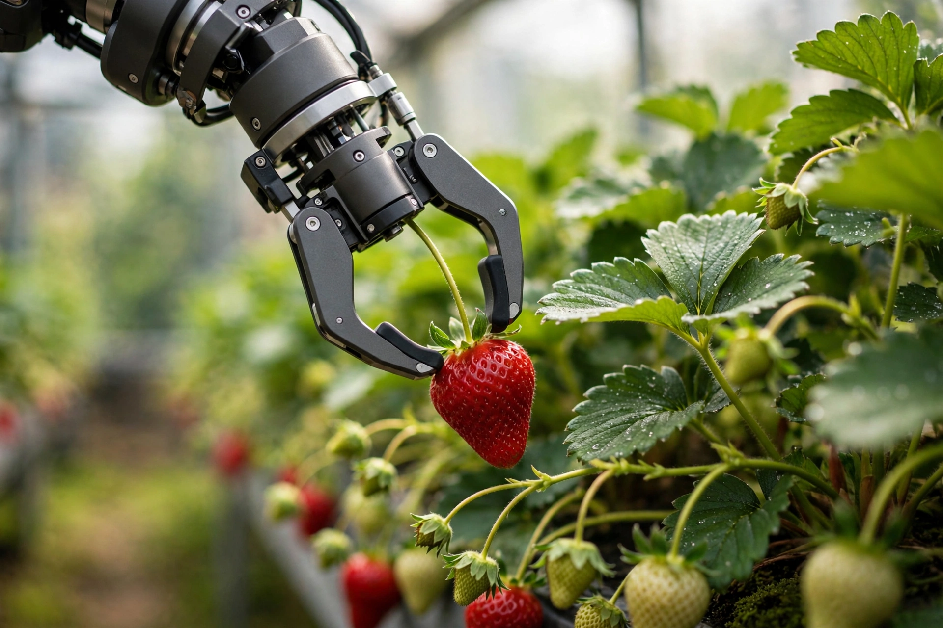 Robotic arm gently picking a ripe red strawberry in a greenhouse