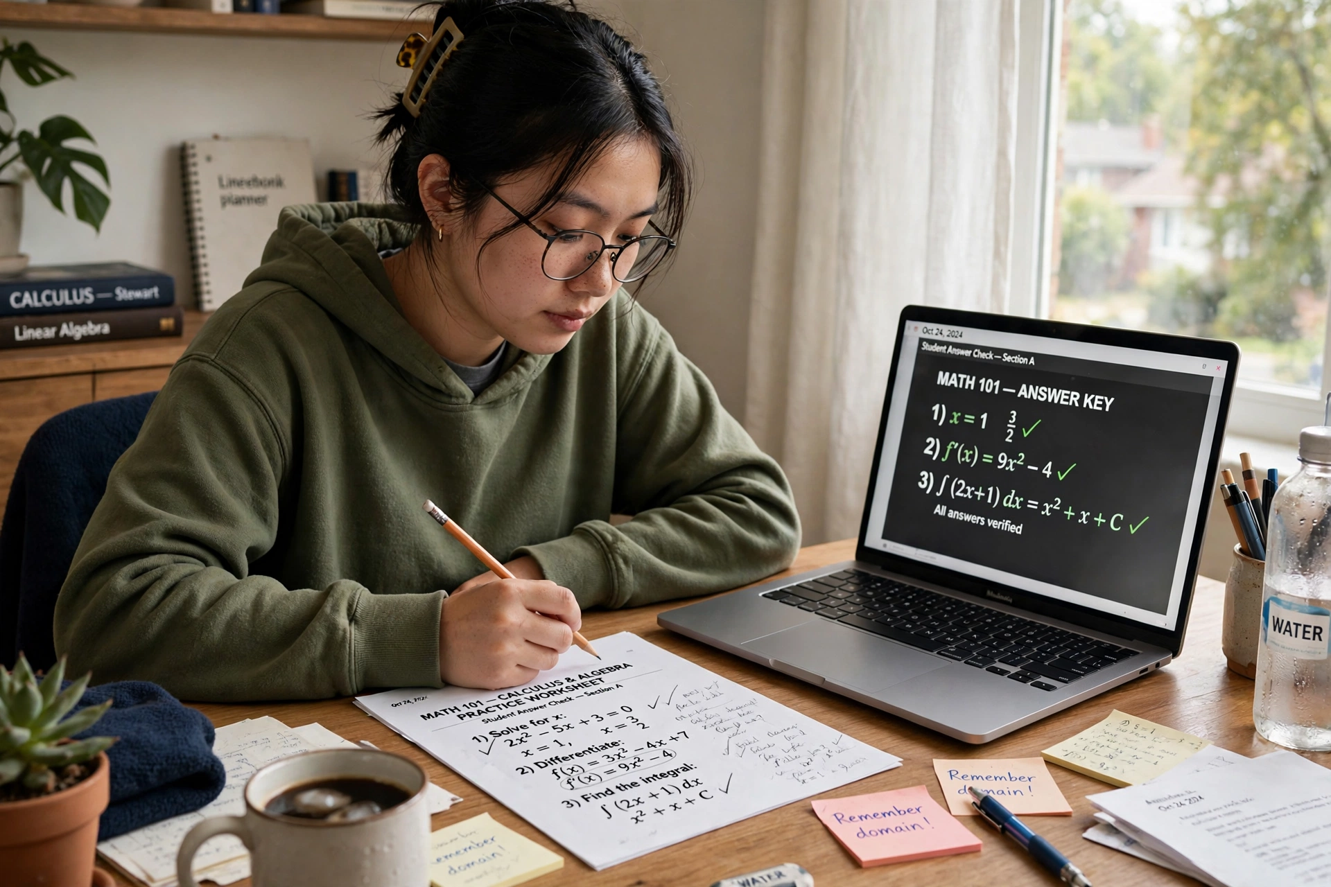 Student checking a maths worksheet against answers on a laptop screen