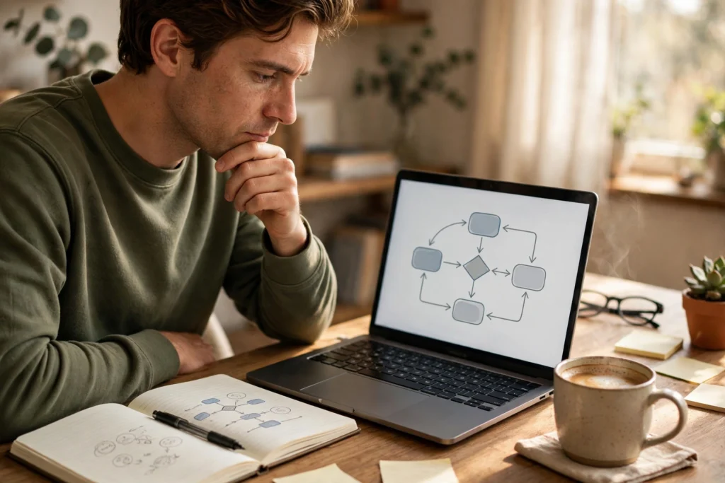 Man thinking beside a laptop showing a simple flowchart diagram, notebook and coffee on the desk