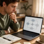 Man thinking beside a laptop showing a simple flowchart diagram, notebook and coffee on the desk