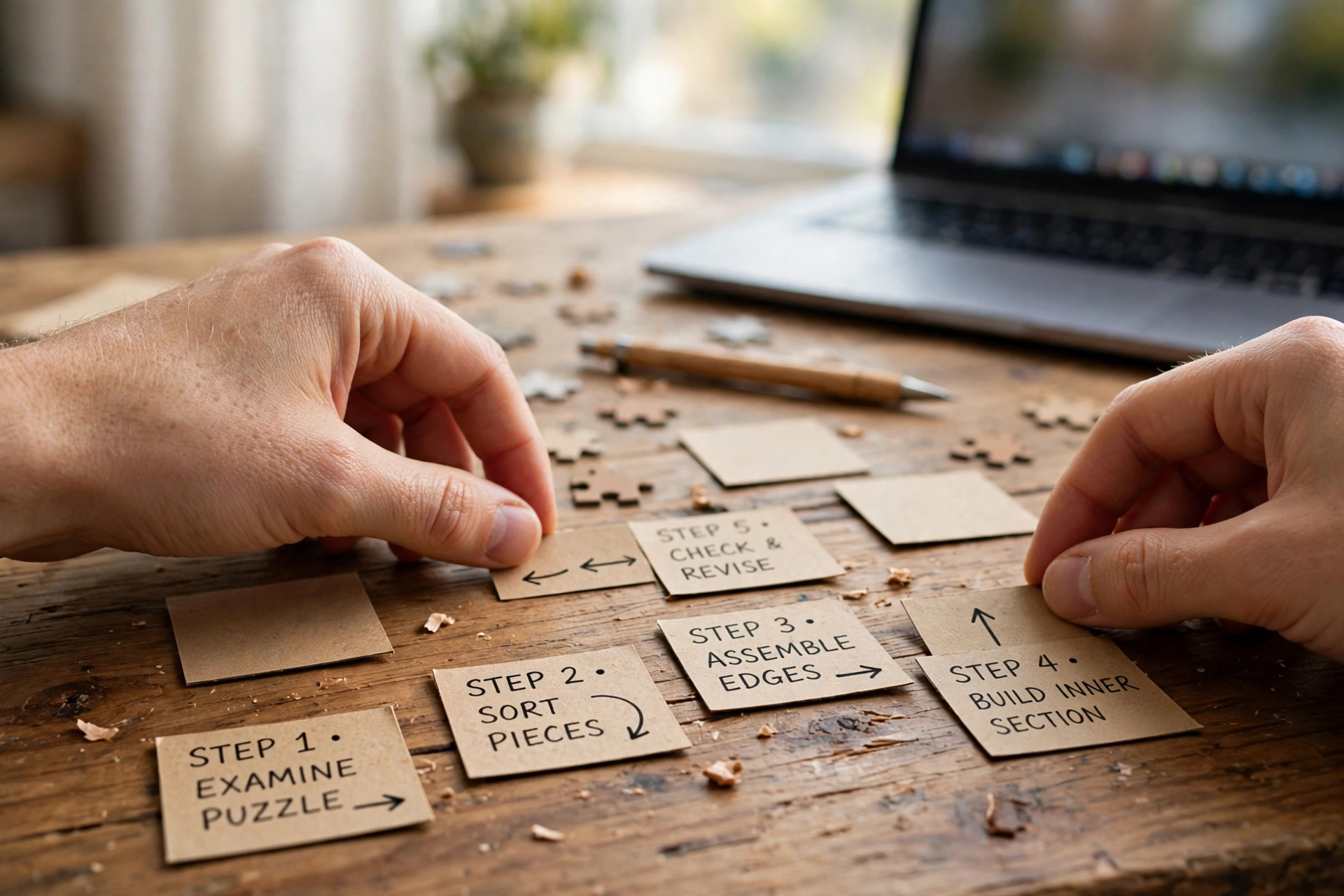 Hands arranging step cards for solving a puzzle on a wooden table