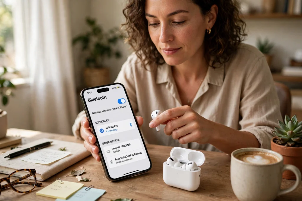Woman holding a phone showing Bluetooth settings beside an open white wireless earbuds case on a wooden desk