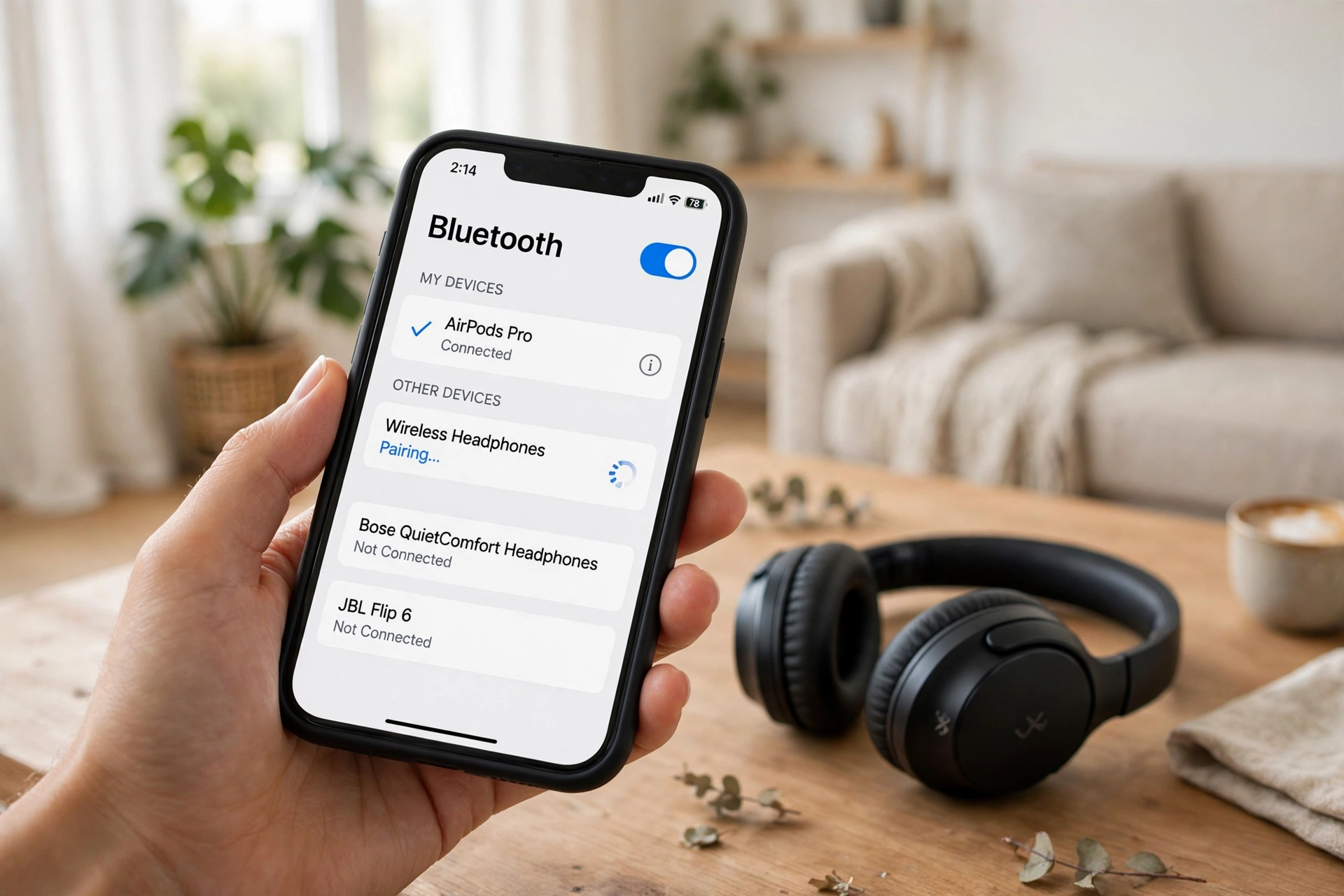 Hand holding a phone showing a Bluetooth settings screen listing wireless headphones while pairing