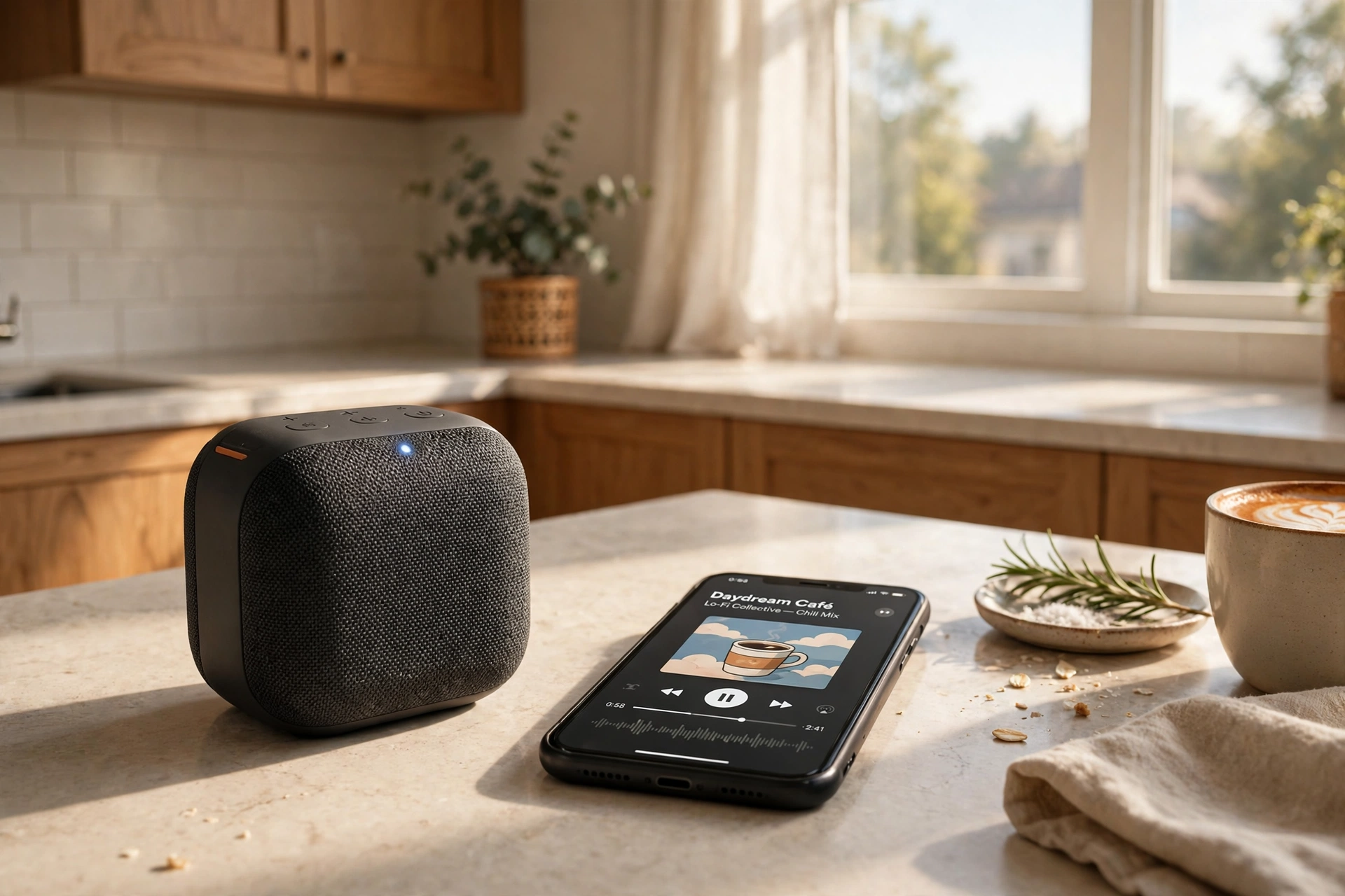 Portable wireless speaker with a glowing light beside a phone playing music on a kitchen counter