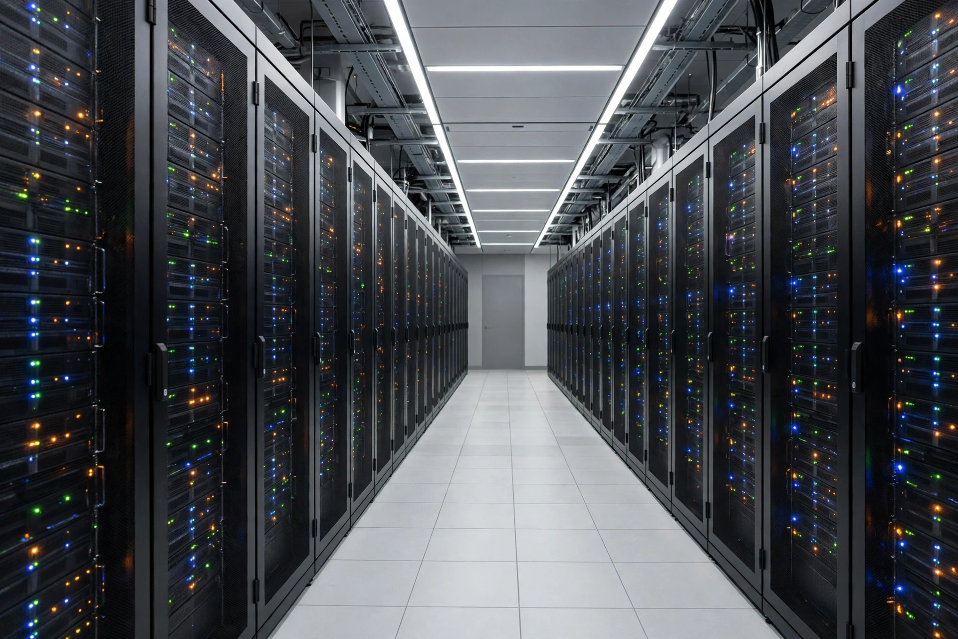 Rows of server racks with blinking lights in a modern data centre corridor