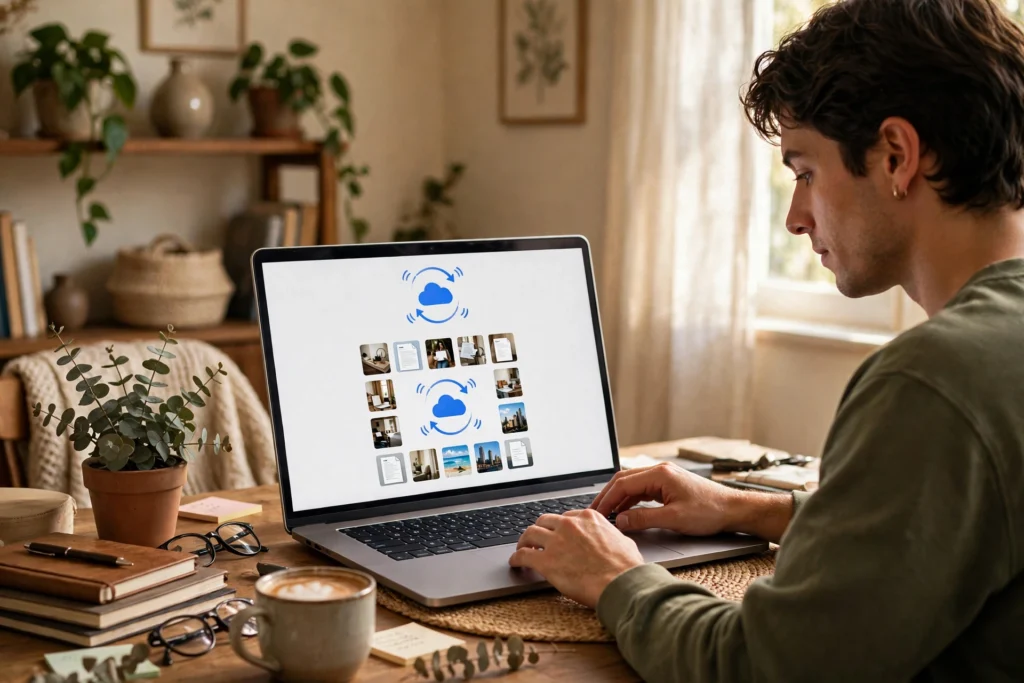 Person at a desk using a laptop showing cloud storage files and photos syncing