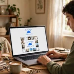 Person at a desk using a laptop showing cloud storage files and photos syncing