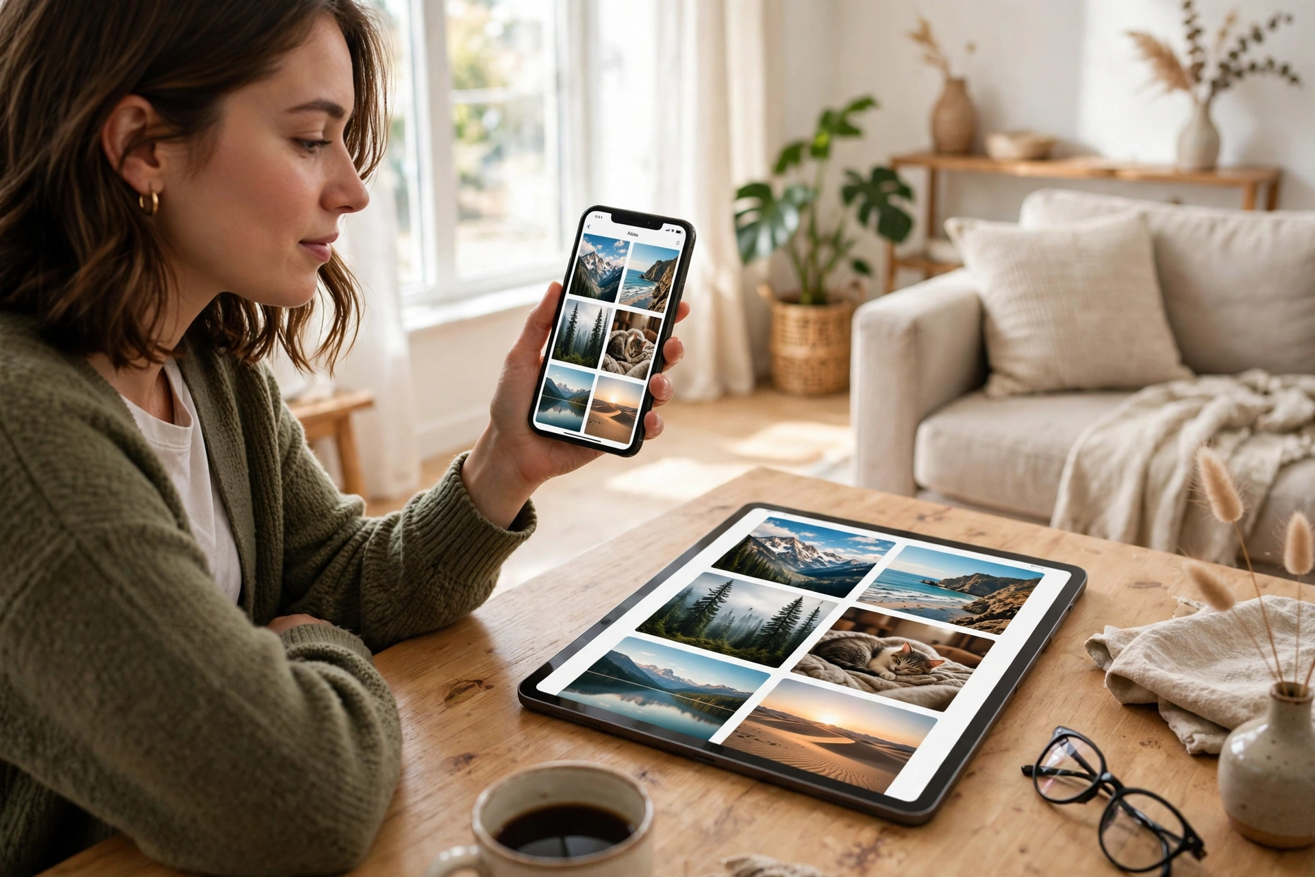 Woman holding a phone showing the same photo album as a tablet on the table beside her