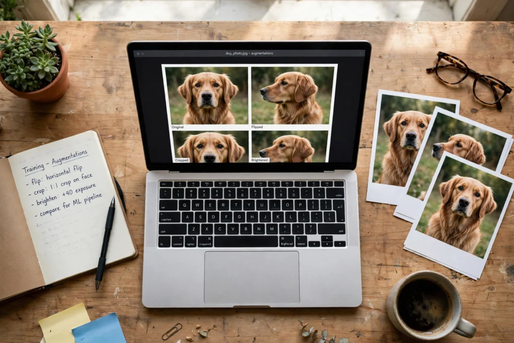 Laptop showing original, flipped, cropped and brightened versions of a golden retriever photo for data augmentation