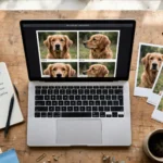 Laptop showing original, flipped, cropped and brightened versions of a golden retriever photo for data augmentation
