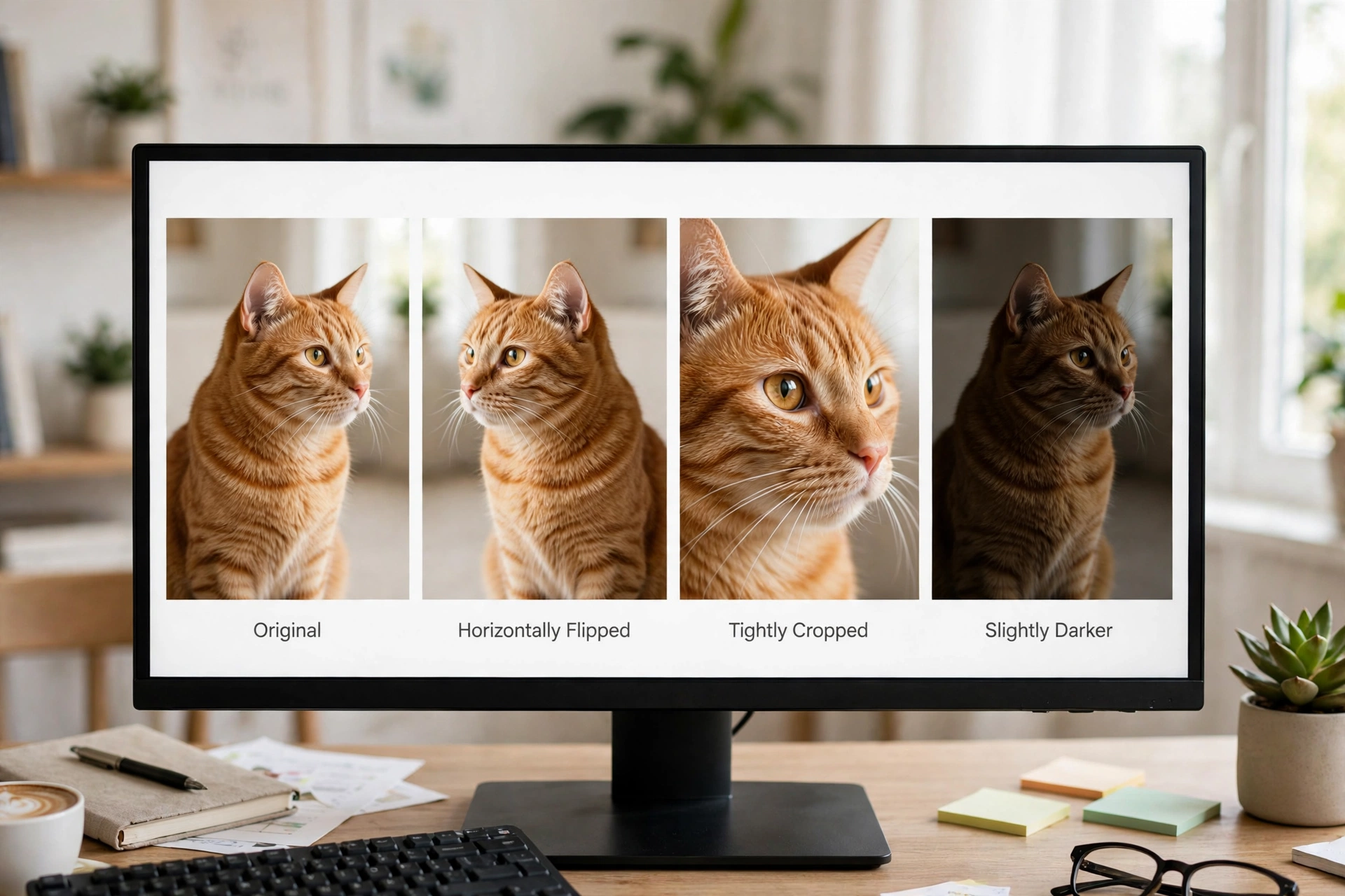 Computer monitor showing original, flipped, cropped and darker versions of a ginger cat photo