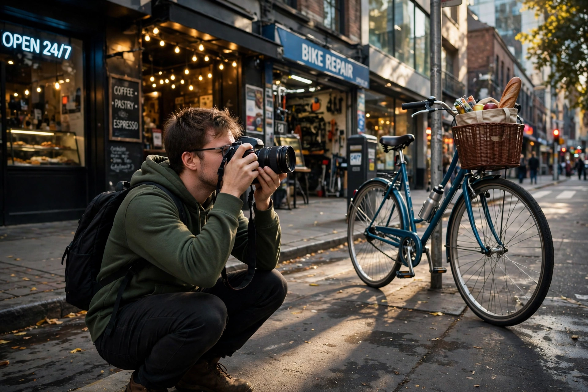 Person crouching with a camera photographing a bicycle on a city street