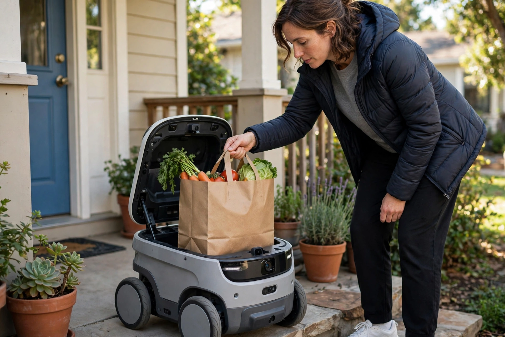 Woman lifting a paper grocery bag out of a delivery robot on a front porch