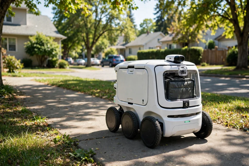 Small white six-wheeled delivery robot rolling along a sunny residential sidewalk with a food bag in its compartment