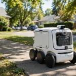 Small white six-wheeled delivery robot rolling along a sunny residential sidewalk with a food bag in its compartment