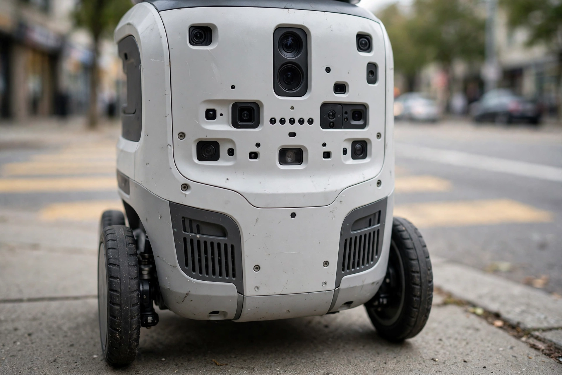 Close-up of cameras and sensors on the front of a white delivery robot at a street crossing